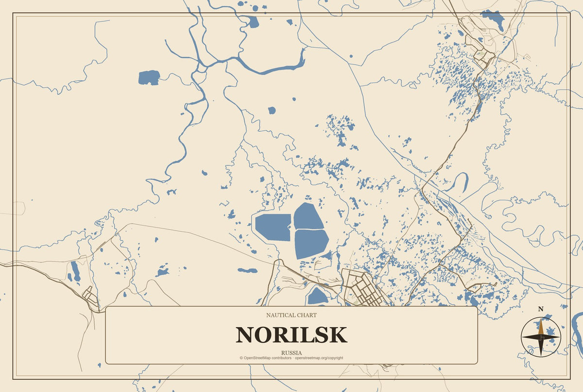 Norilsk, Russia City Map Aluminum Sign in Heritage Nautical style