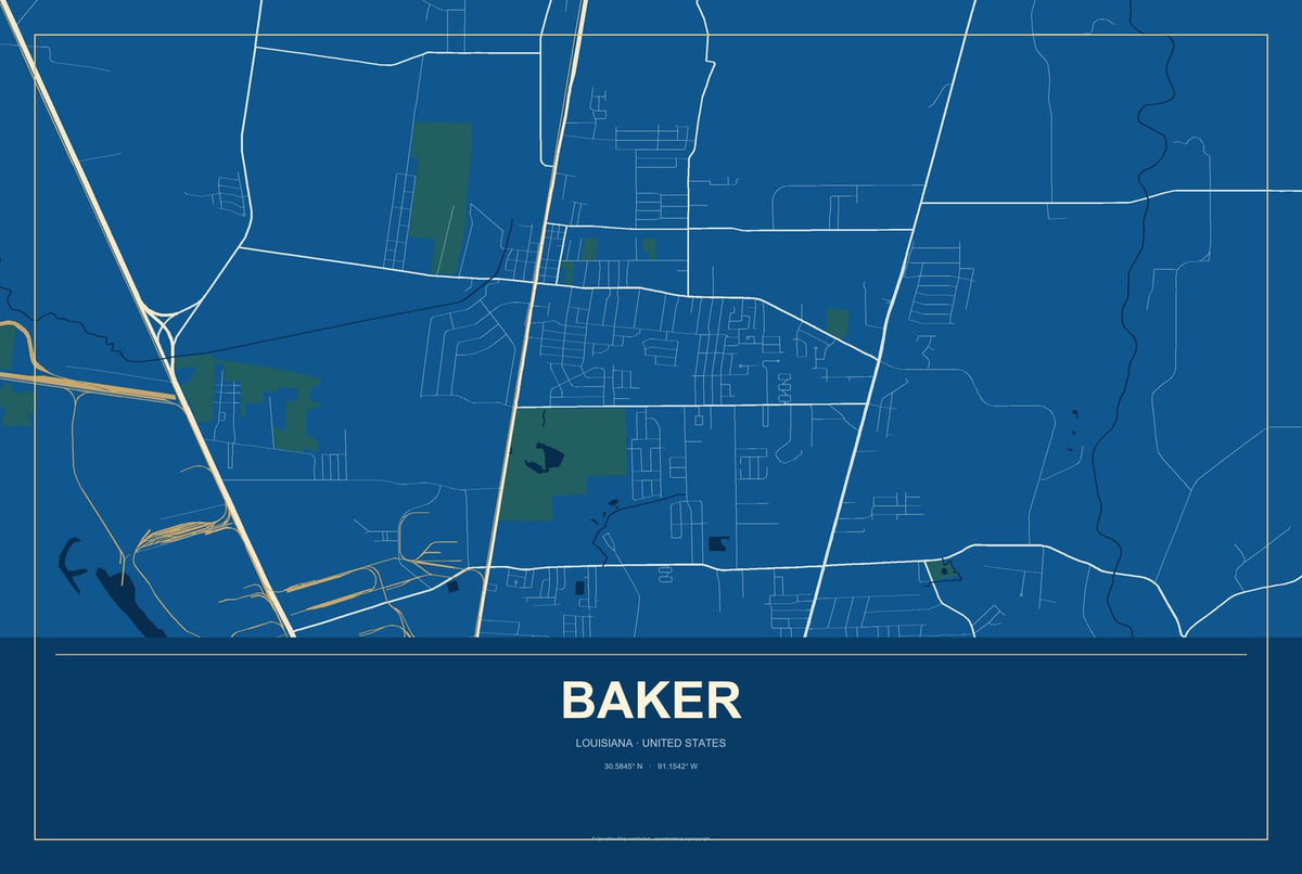 Baker, Louisiana City Map Aluminum Sign in Harbor Cobalt style
