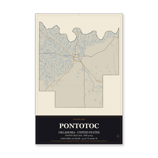 Pontotoc County, Oklahoma Map Aluminum Sign in Museum Plaque style