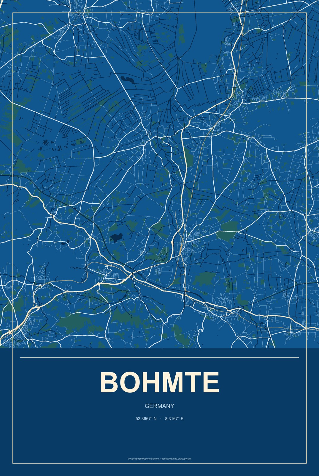 Bohmte, Germany City Map Aluminum Sign in Harbor Cobalt style