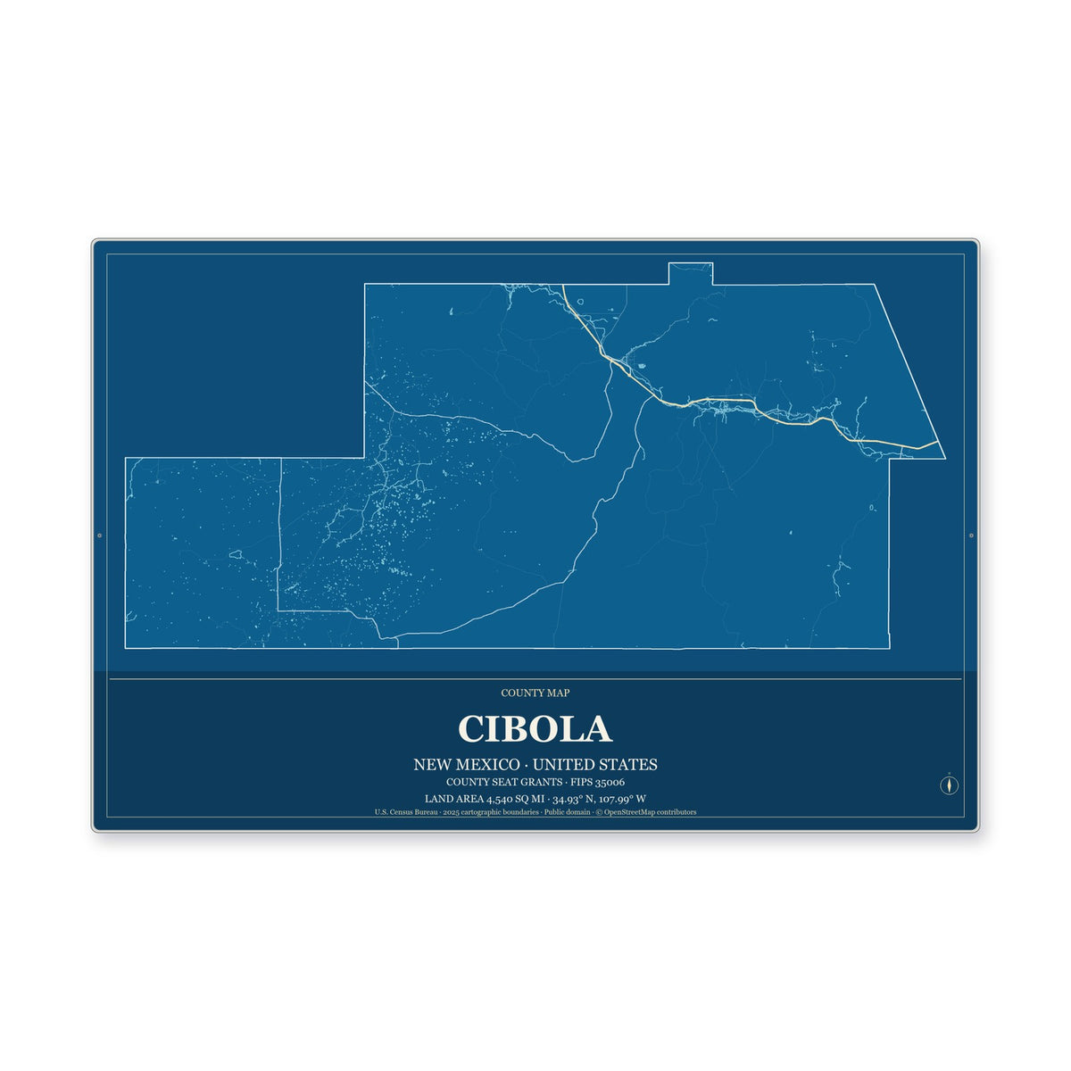 Cibola County, New Mexico Map Aluminum Sign in Harbor Cobalt style