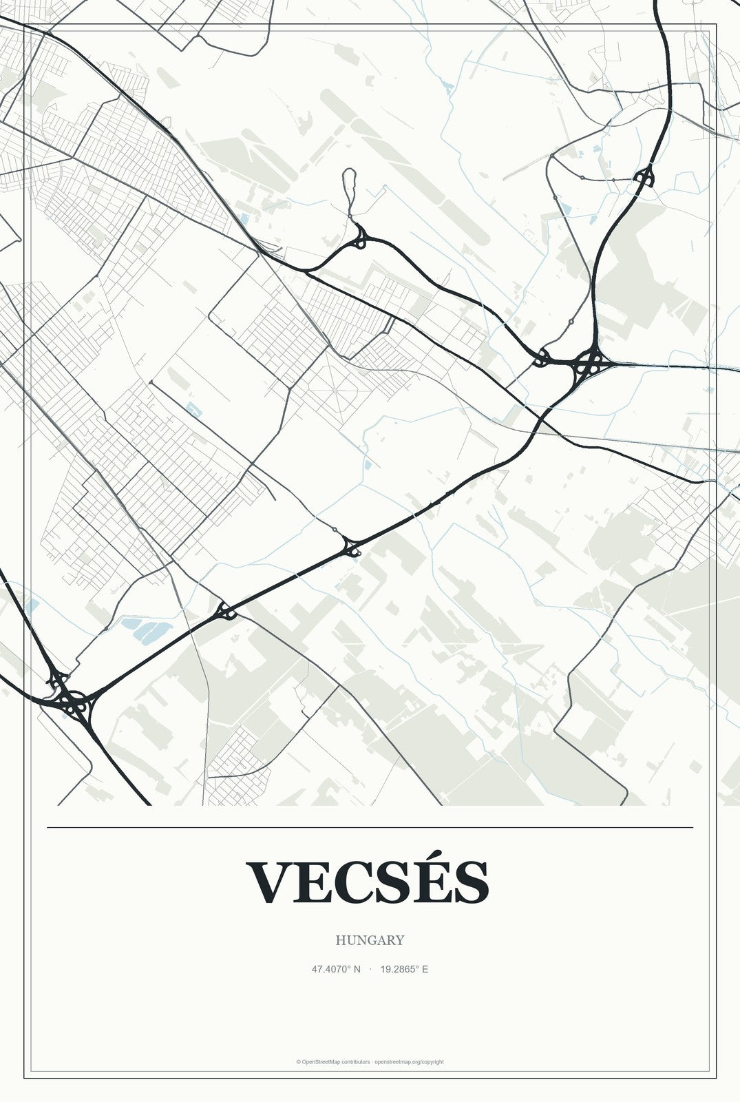 Vecsés, Hungary City Map Aluminum Sign in Gallery Air style
