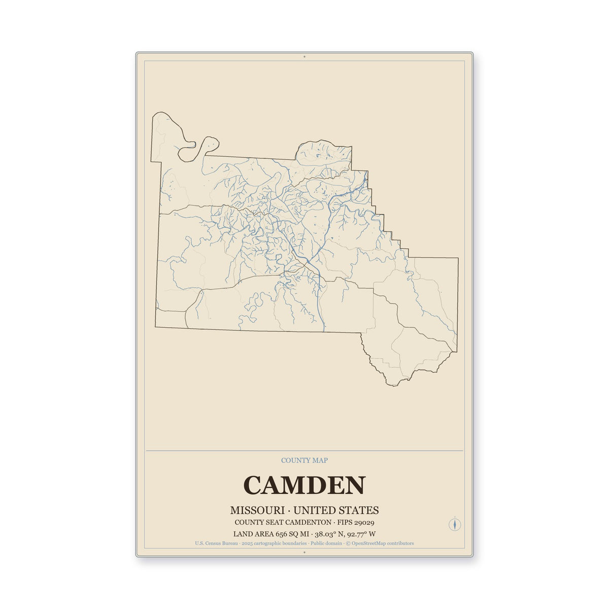 Camden County, Missouri Map Aluminum Sign in Heritage Nautical style