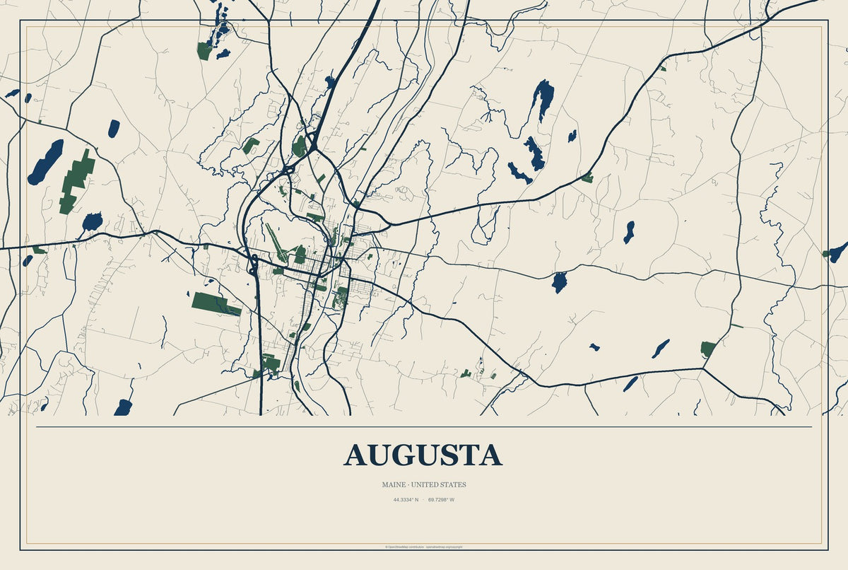Augusta, Maine City Map Aluminum Sign in Coastal Cutout style