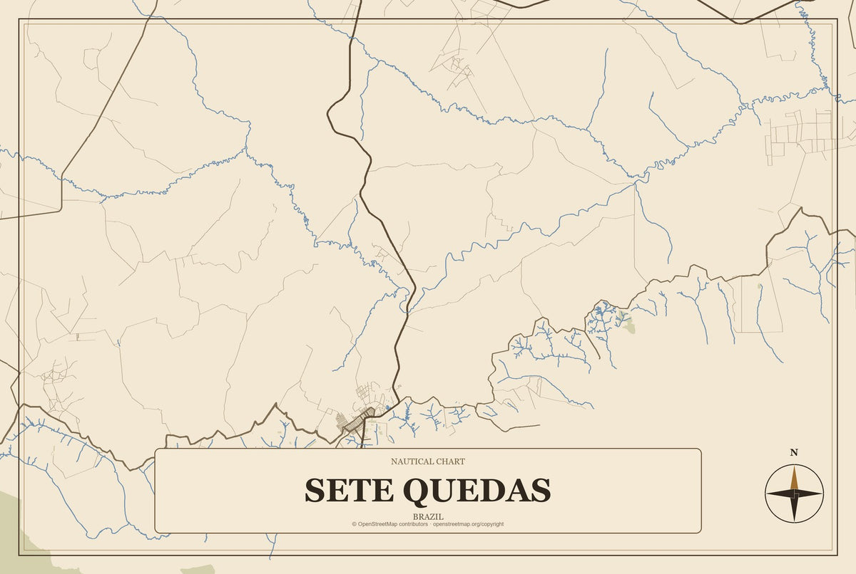 Sete Quedas, Brazil City Map Aluminum Sign in Heritage Nautical style