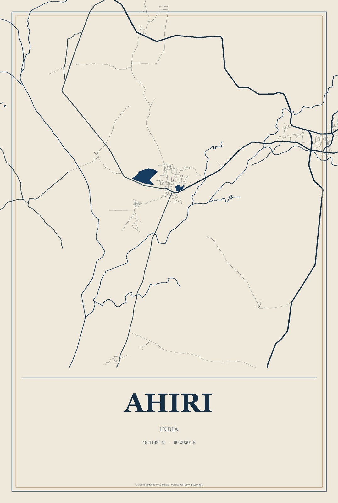 Ahiri, India City Map Aluminum Sign in Coastal Cutout style
