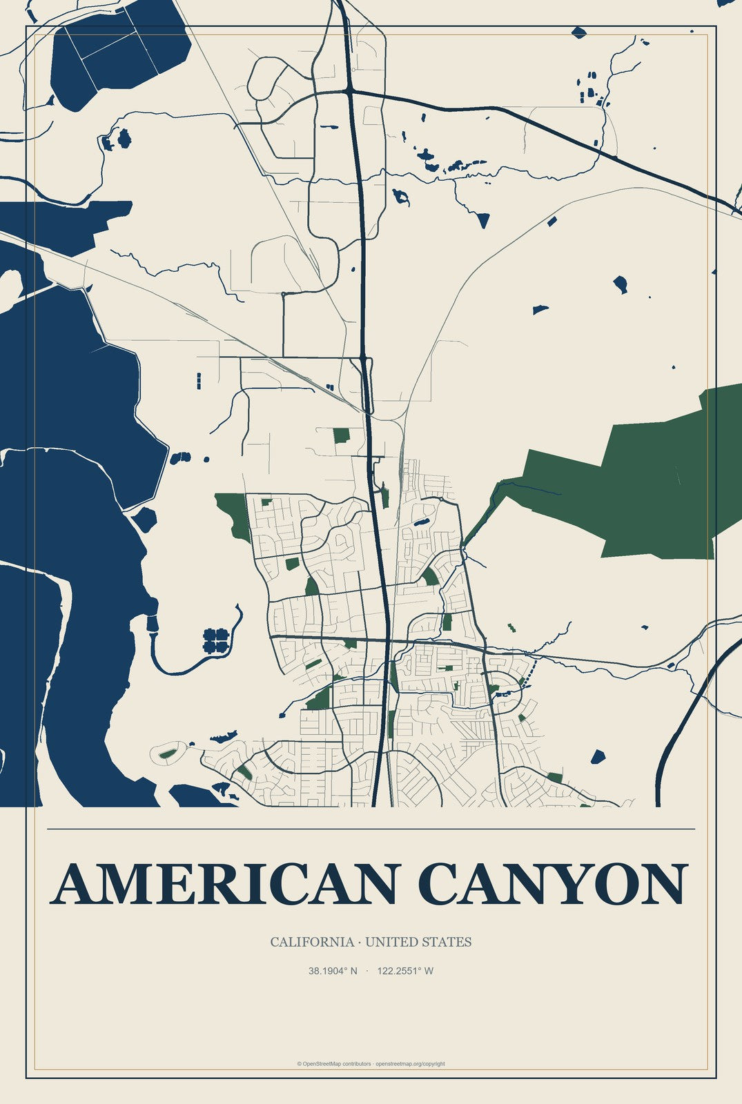 American Canyon, California City Map Aluminum Sign in Coastal Cutout style
