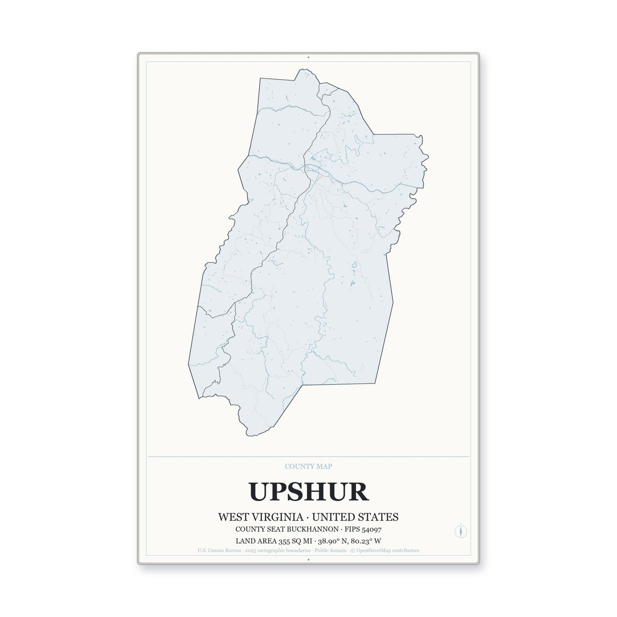 Upshur County, West Virginia Map Aluminum Sign in Gallery Air style