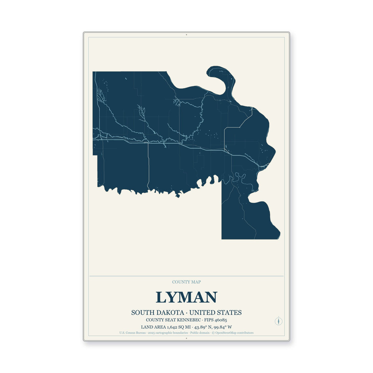 Lyman County, South Dakota Map Aluminum Sign in Coastal Cutout style