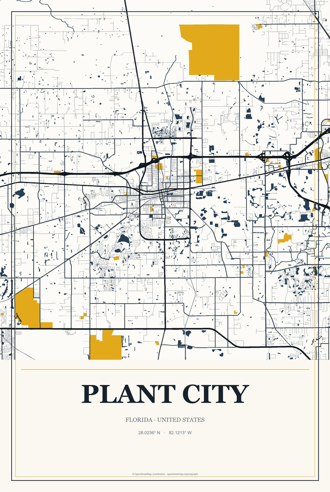 Plant City, Florida City Map Aluminum Sign in Citrine Modern style