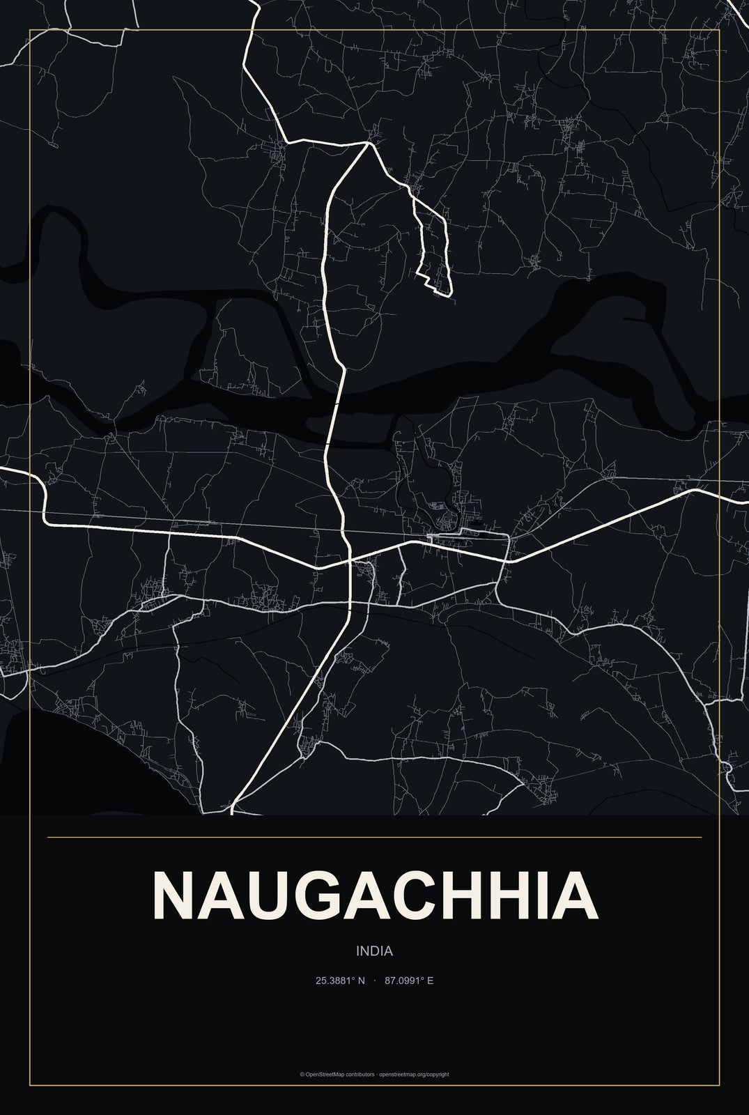 Naugachhia, India City Map Aluminum Sign in Metropolitan Noir style