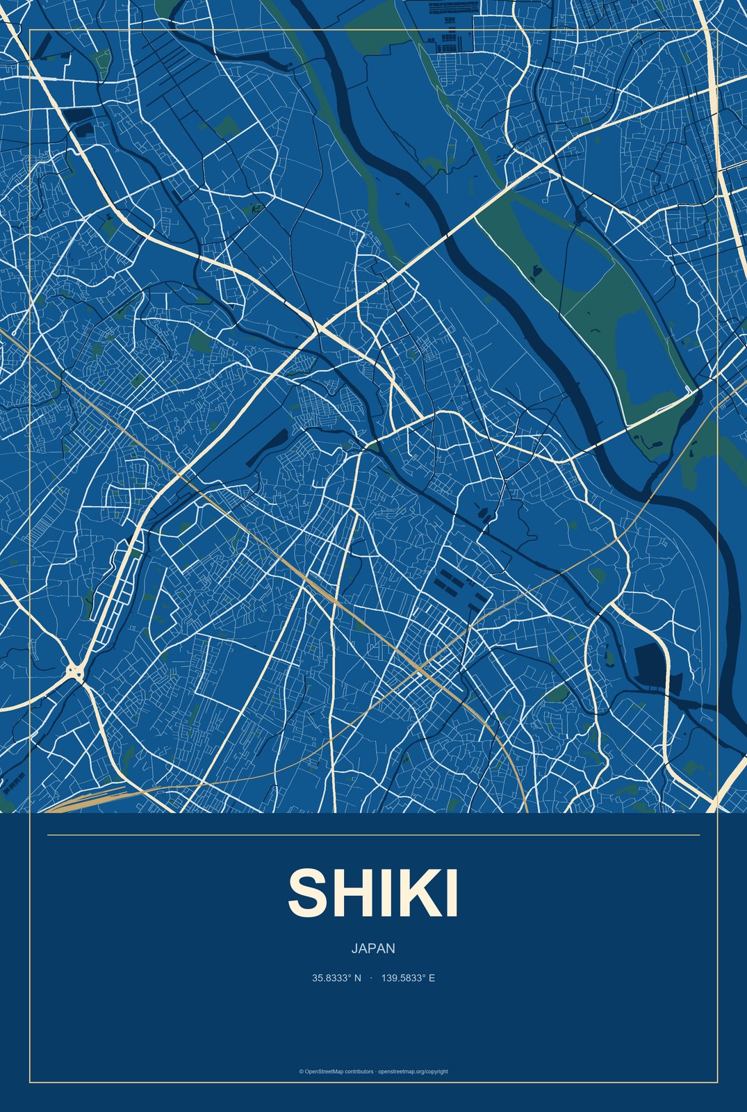 Shiki, Japan City Map Aluminum Sign in Harbor Cobalt style