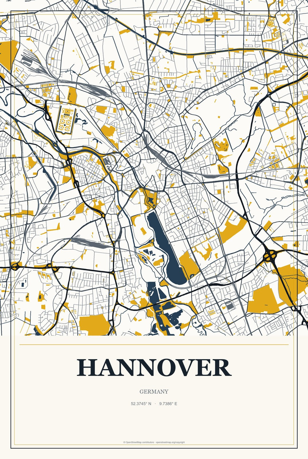 Hannover, Germany City Map Aluminum Sign in Citrine Modern style