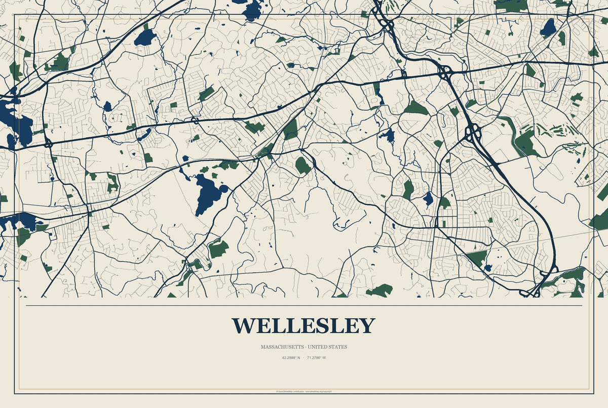 Wellesley, Massachusetts City Map Aluminum Sign in Coastal Cutout style