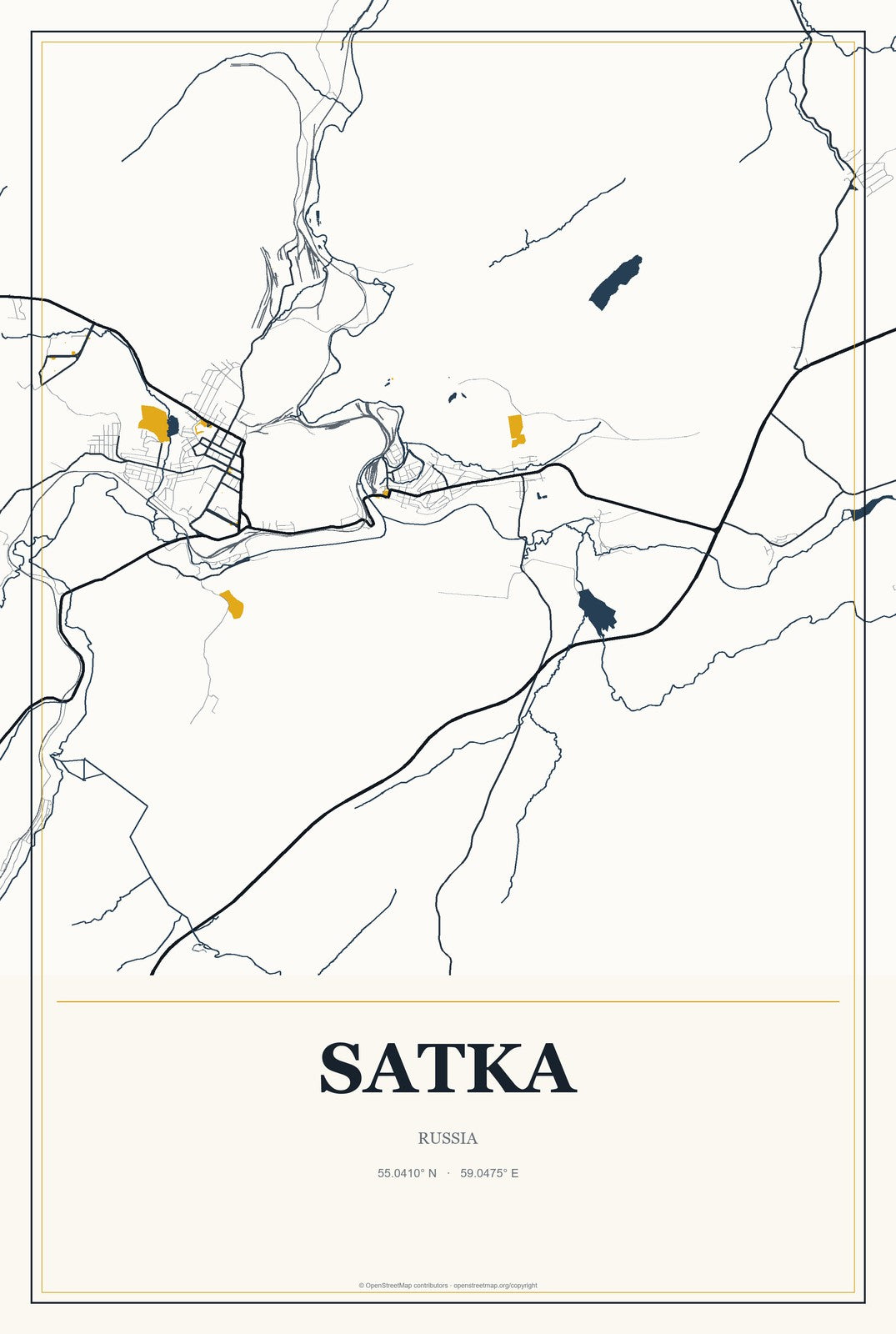 Satka, Russia City Map Aluminum Sign in Citrine Modern style