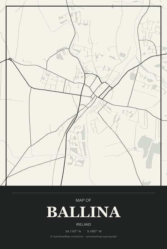 Ballina, Ireland City Map Aluminum Sign in Museum Plaque style