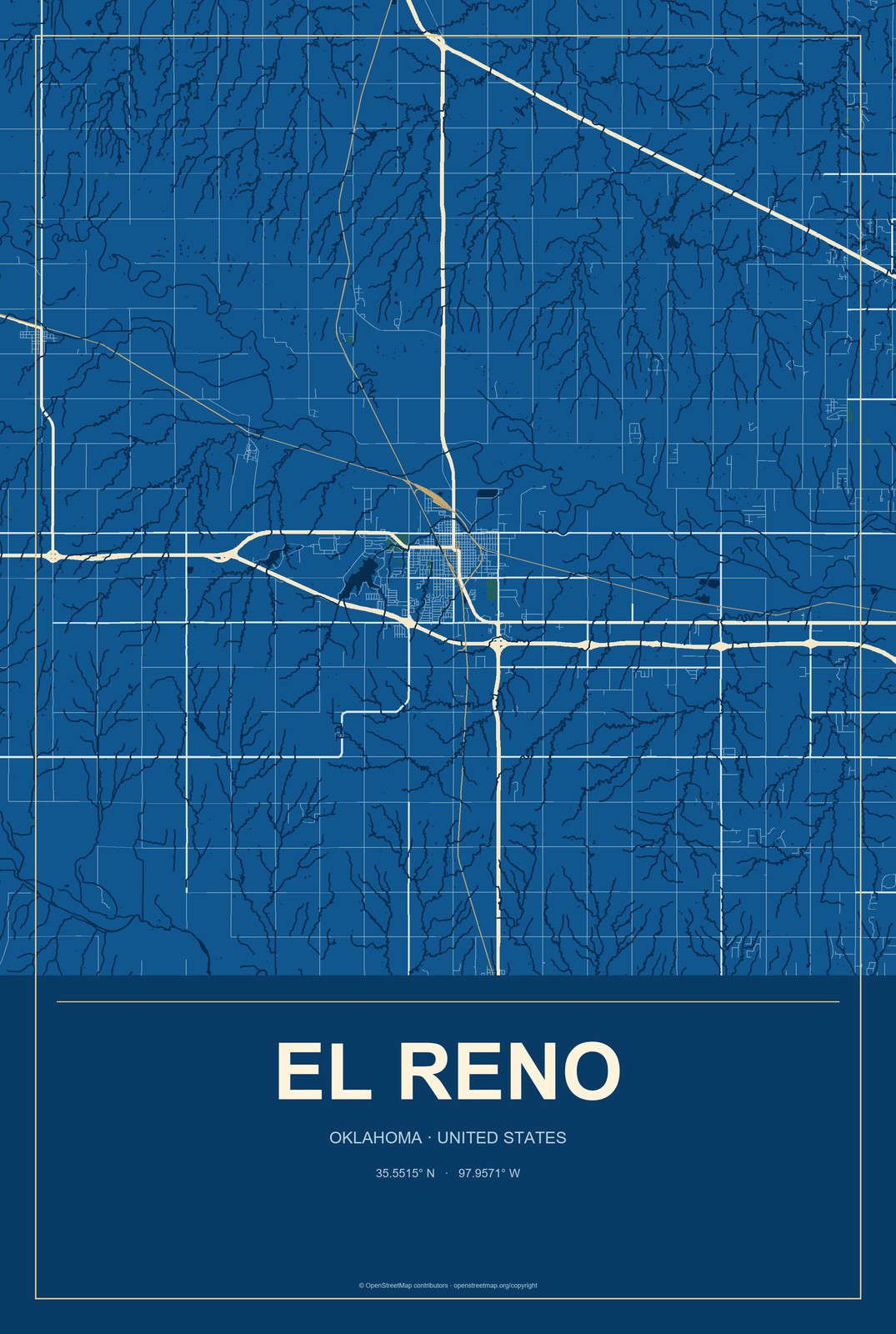 El Reno, Oklahoma City Map Aluminum Sign in Harbor Cobalt style