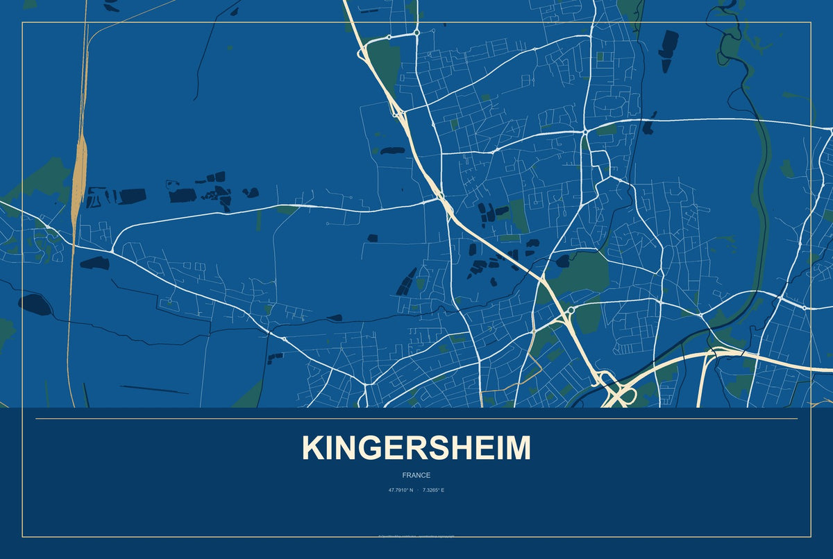 Kingersheim, France City Map Aluminum Sign in Harbor Cobalt style
