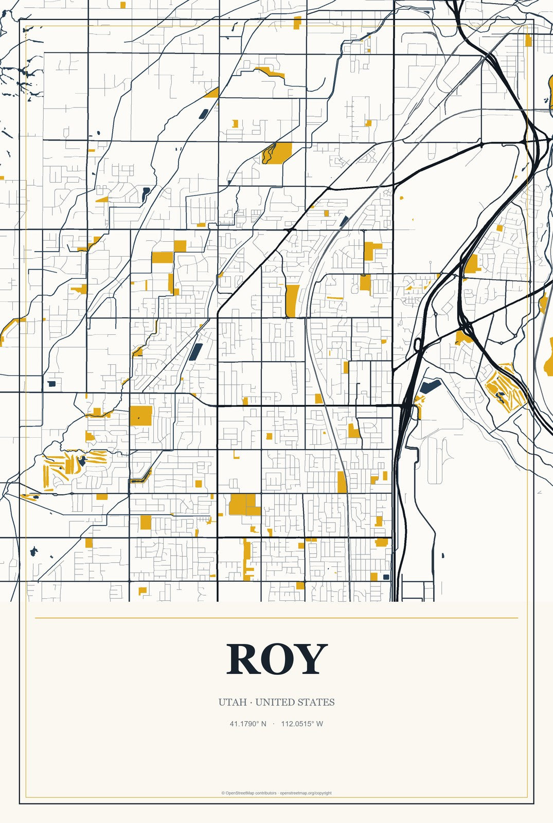 Roy, Utah City Map Aluminum Sign in Citrine Modern style