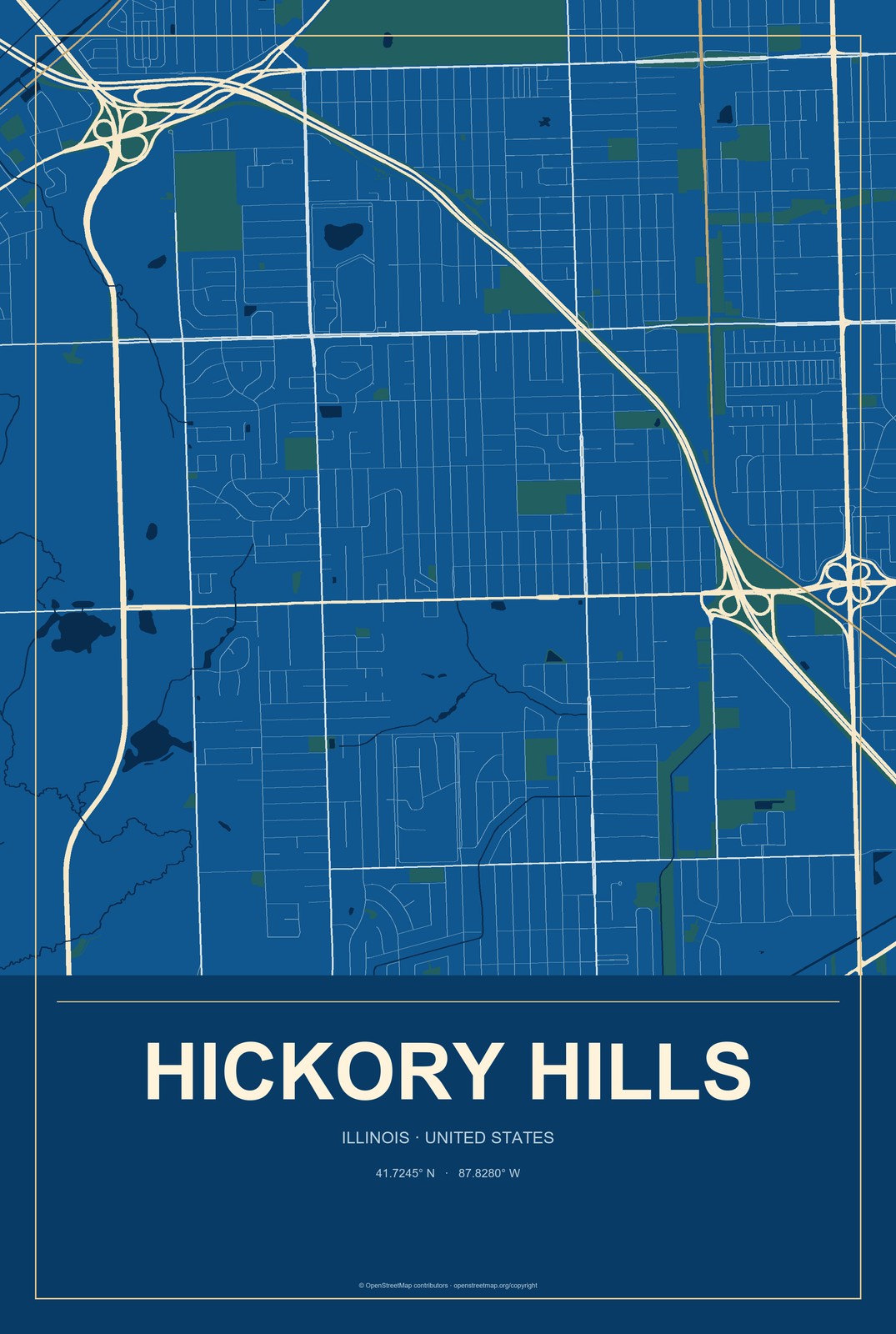 Hickory Hills, Illinois City Map Aluminum Sign in Harbor Cobalt style