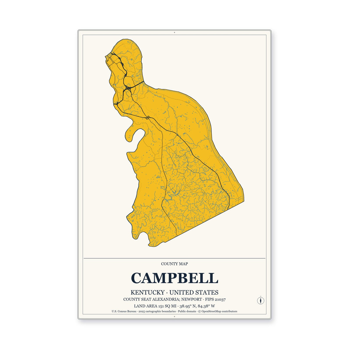 Campbell County, Kentucky Map Aluminum Sign in Citrine Modern style