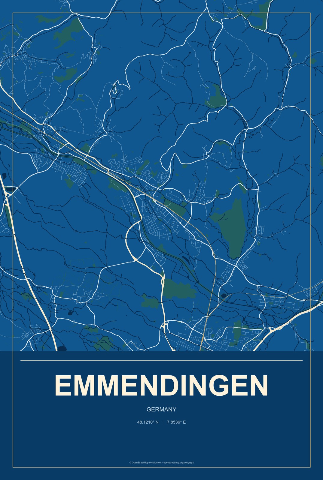 Emmendingen, Germany City Map Aluminum Sign in Harbor Cobalt style