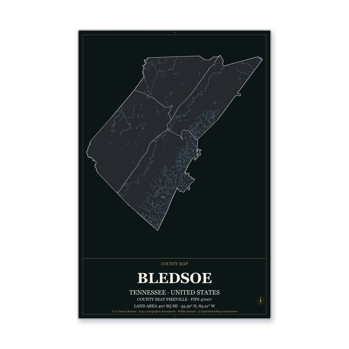 Bledsoe County, Tennessee Map Aluminum Sign in Metropolitan Noir style