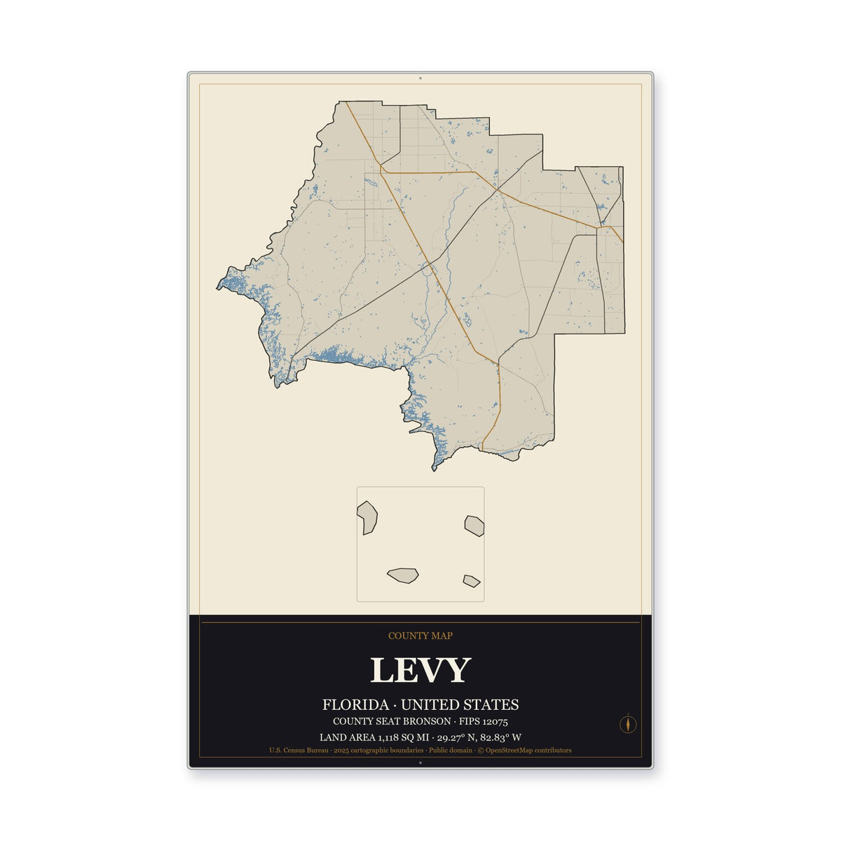 Levy County, Florida Map Aluminum Sign in Museum Plaque style