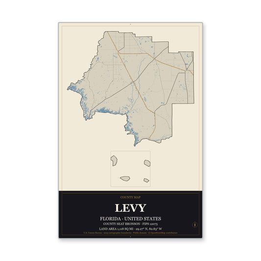 Levy County, Florida Map Aluminum Sign in Museum Plaque style
