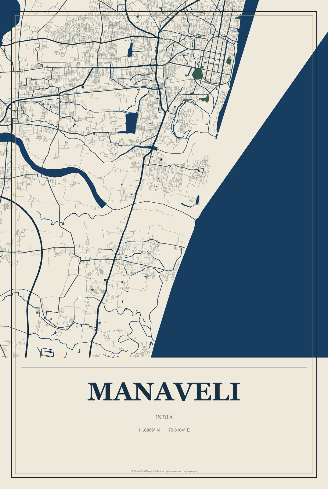 Manaveli, India City Map Aluminum Sign in Coastal Cutout style