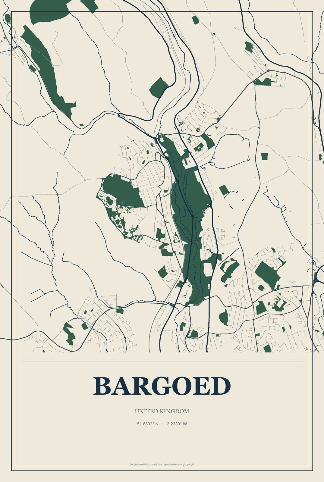 Bargoed, United Kingdom City Map Aluminum Sign in Coastal Cutout style