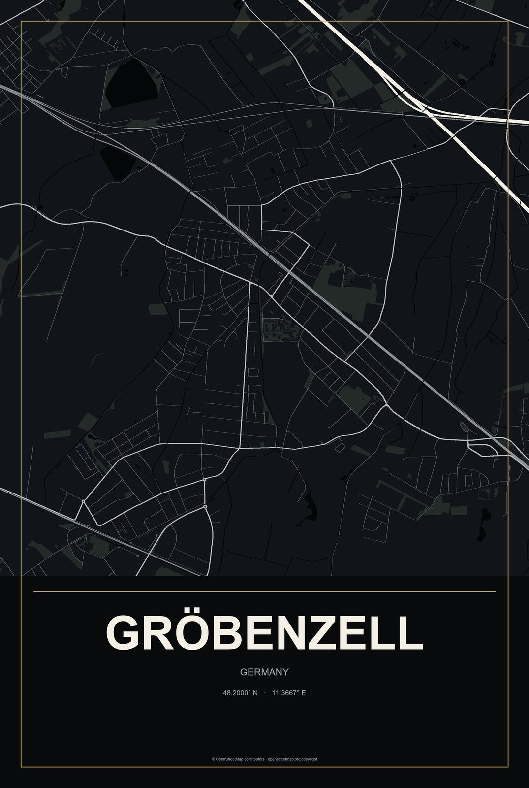 Gröbenzell, Germany City Map Aluminum Sign in Metropolitan Noir style