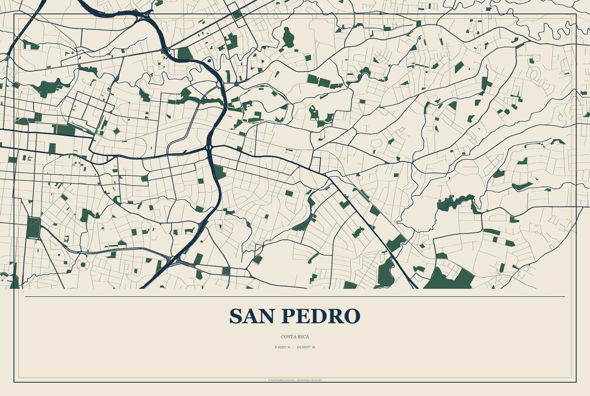 San Pedro, Costa Rica City Map Aluminum Sign in Coastal Cutout style