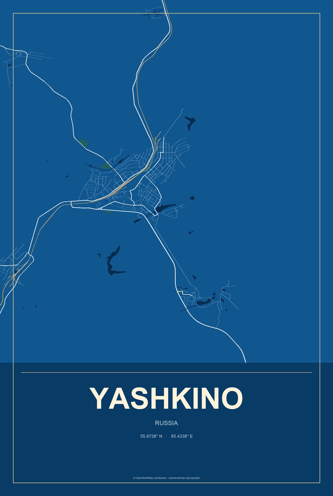 Yashkino, Russia City Map Aluminum Sign in Harbor Cobalt style