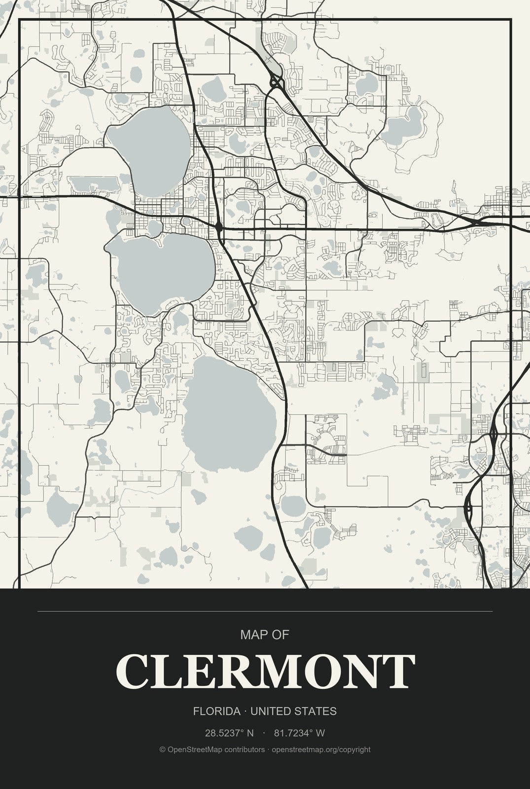 Clermont, Florida City Map Aluminum Sign in Museum Plaque style