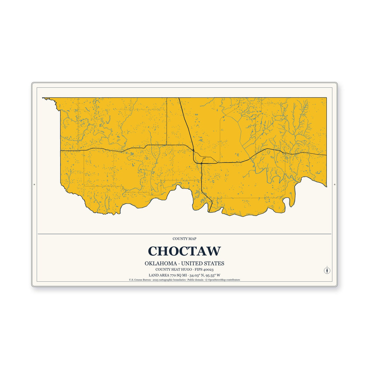 Choctaw County, Oklahoma Map Aluminum Sign in Citrine Modern style