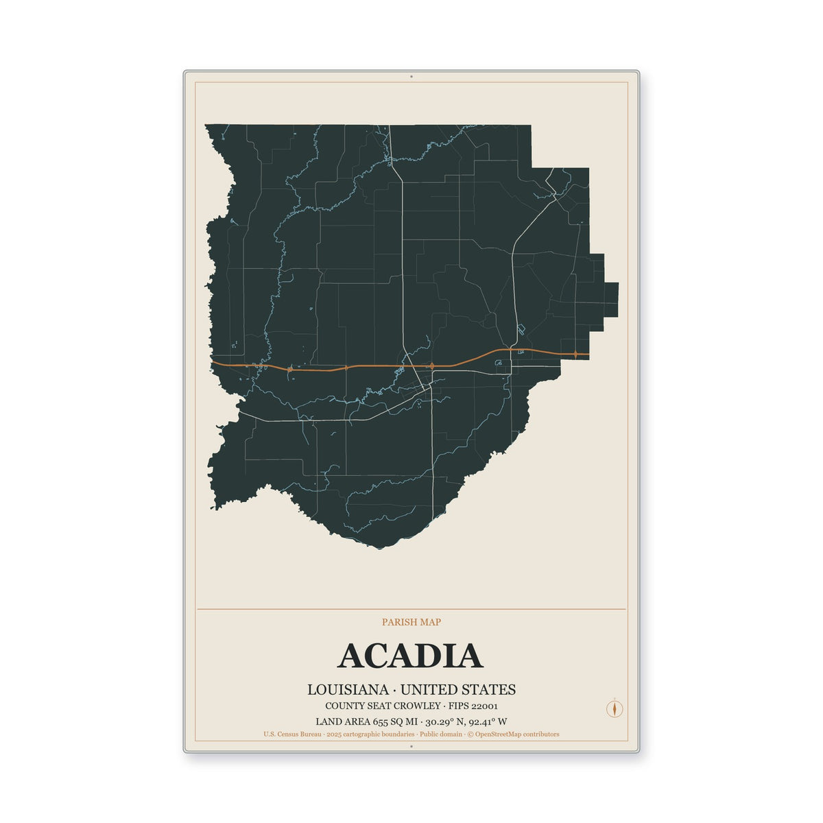 Acadia Parish, Louisiana Map Aluminum Sign in Headline Atlas style
