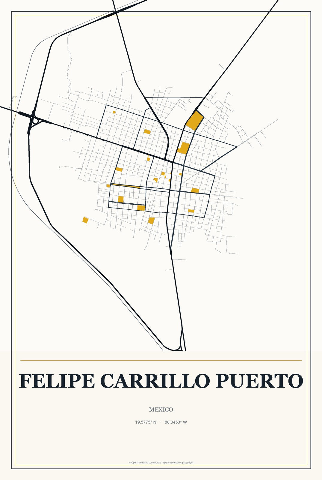 Felipe Carrillo Puerto, Quintana Roo, Mexico City Map Aluminum Sign in Citrine Modern style
