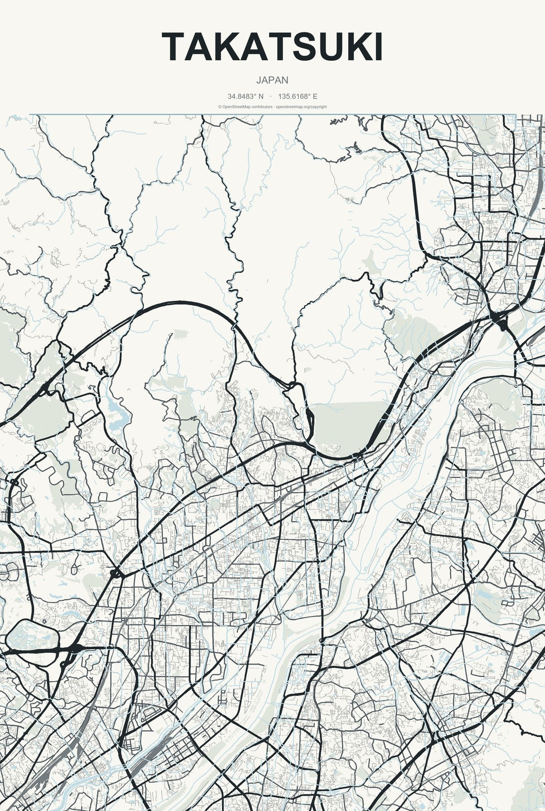 Takatsuki, Japan City Map Aluminum Sign in Headline Atlas style