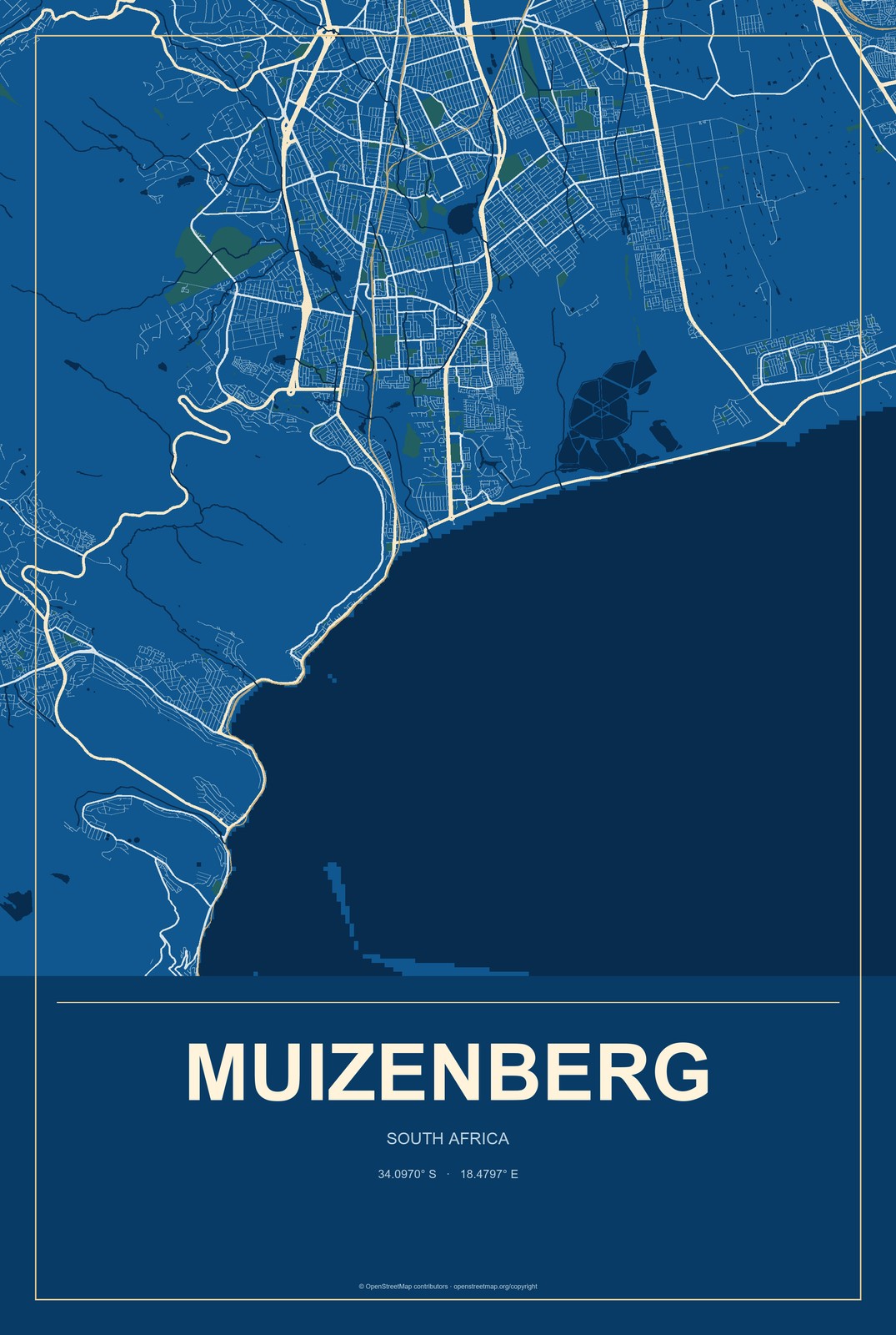 Muizenberg, South Africa City Map Aluminum Sign in Harbor Cobalt style