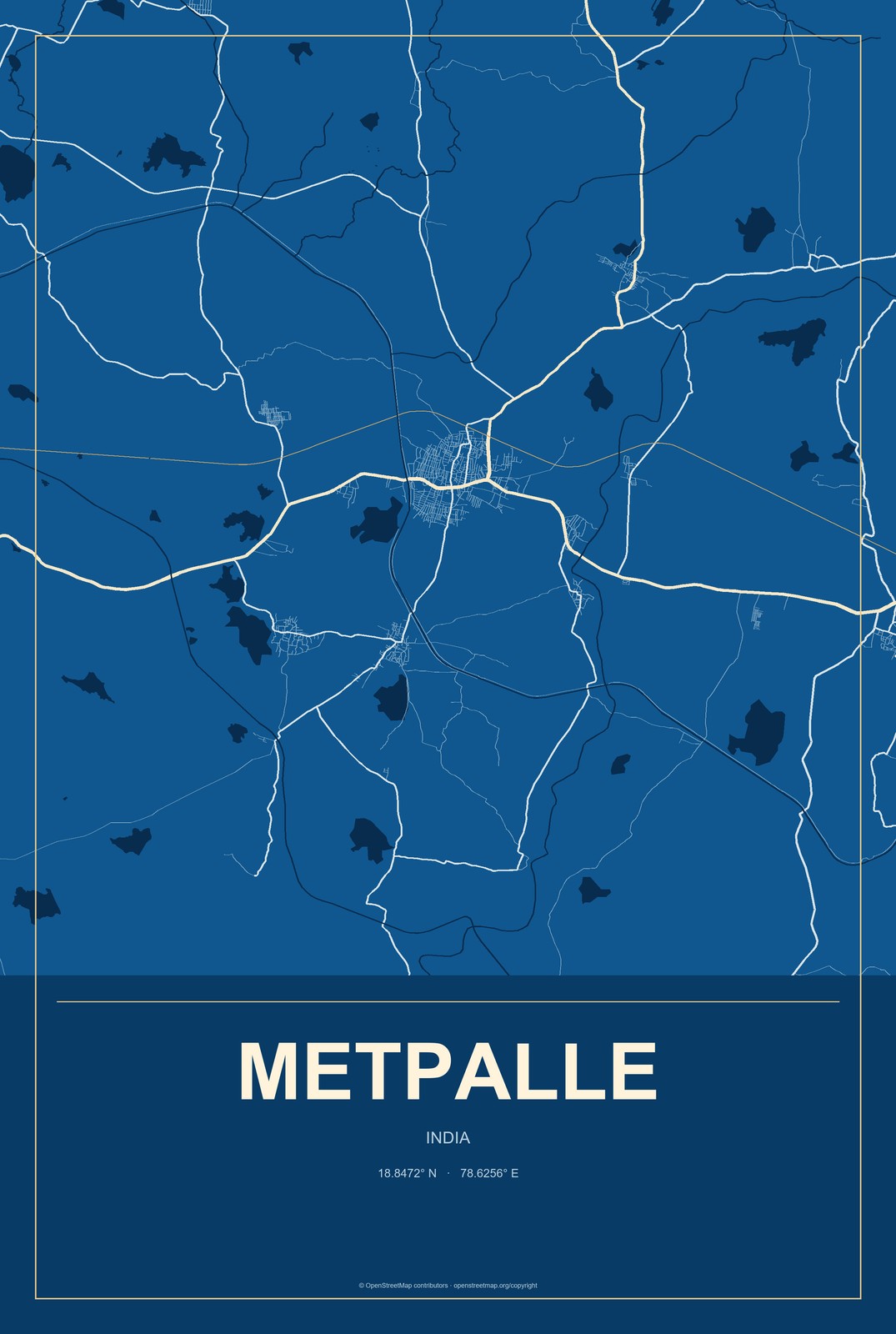 Metpalle, India City Map Aluminum Sign in Harbor Cobalt style
