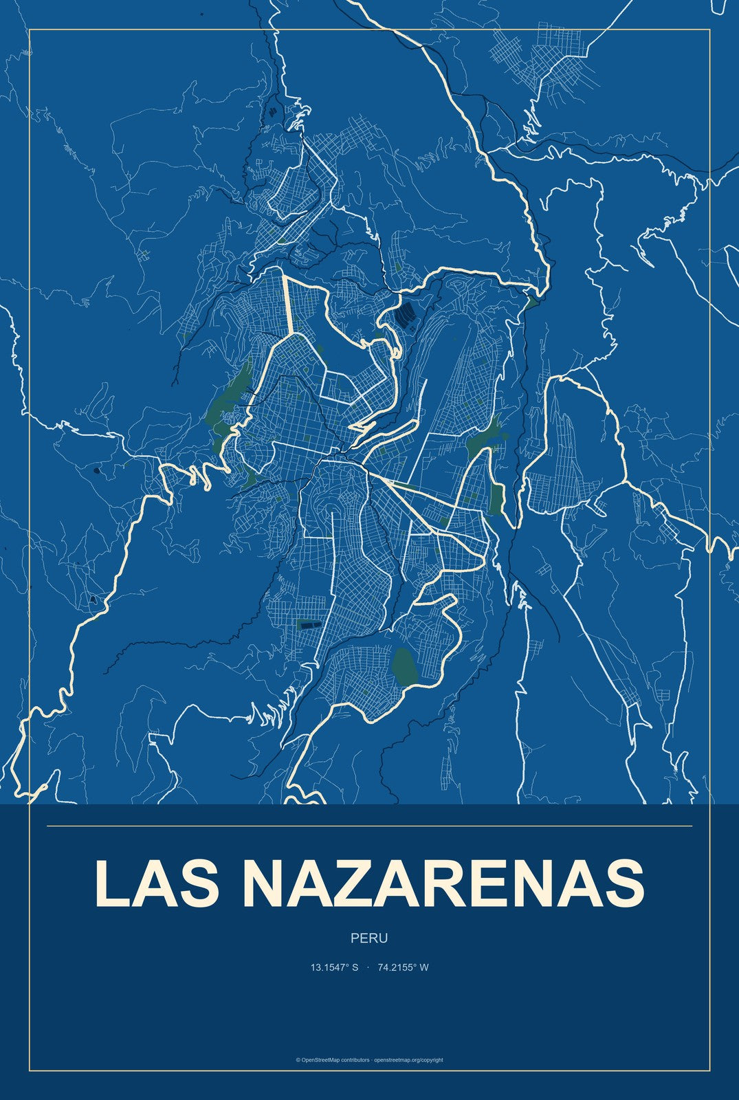 Las Nazarenas, Peru City Map Aluminum Sign in Harbor Cobalt style