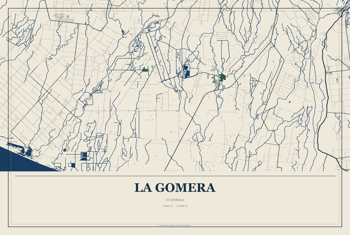La Gomera, Guatemala City Map Aluminum Sign in Coastal Cutout style
