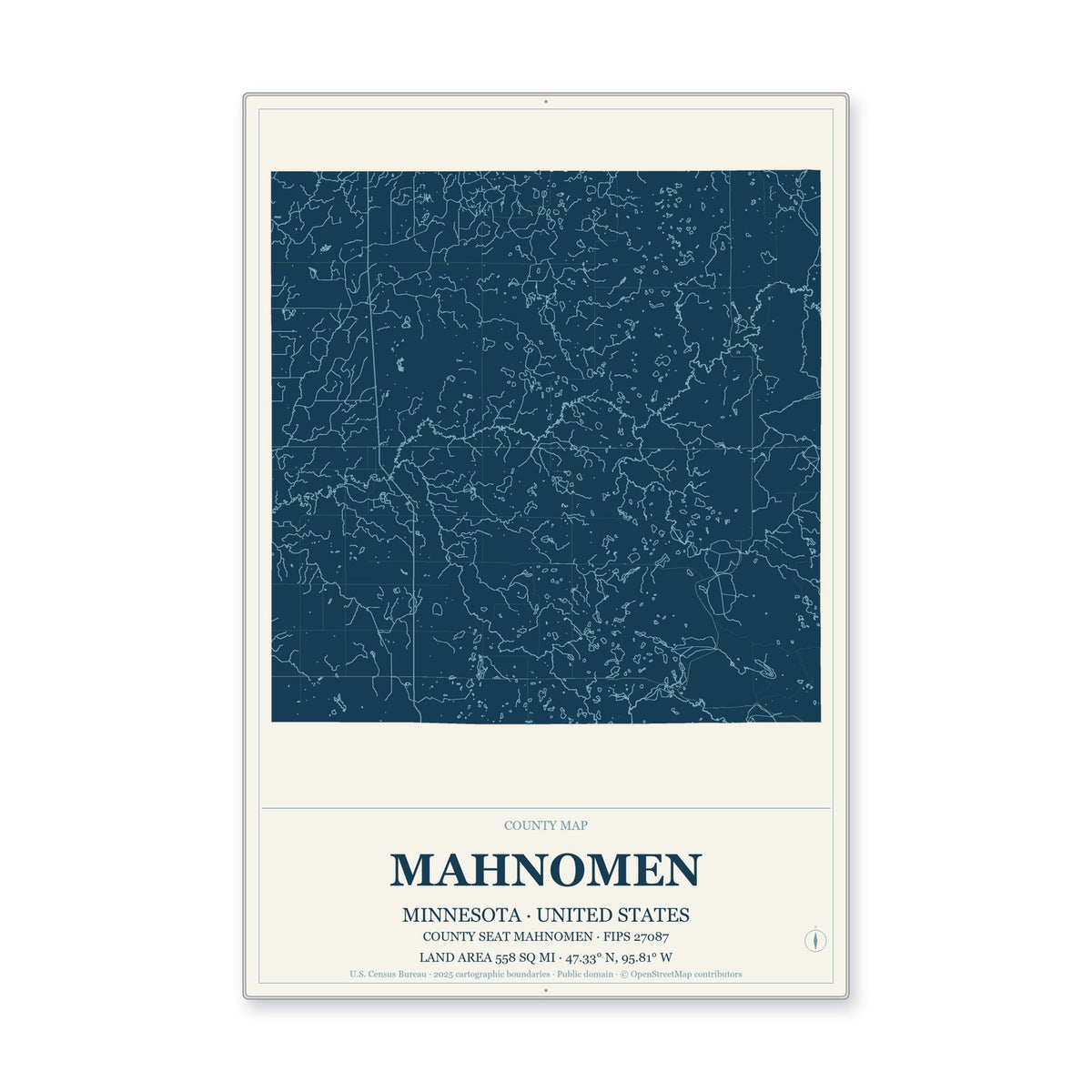 Mahnomen County, Minnesota Map Aluminum Sign in Coastal Cutout style