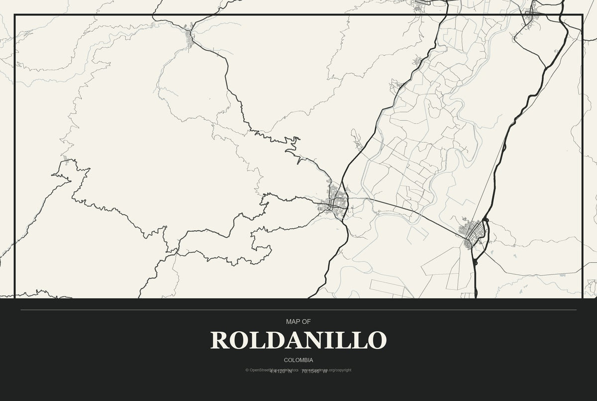 Roldanillo, Colombia City Map Aluminum Sign in Museum Plaque style