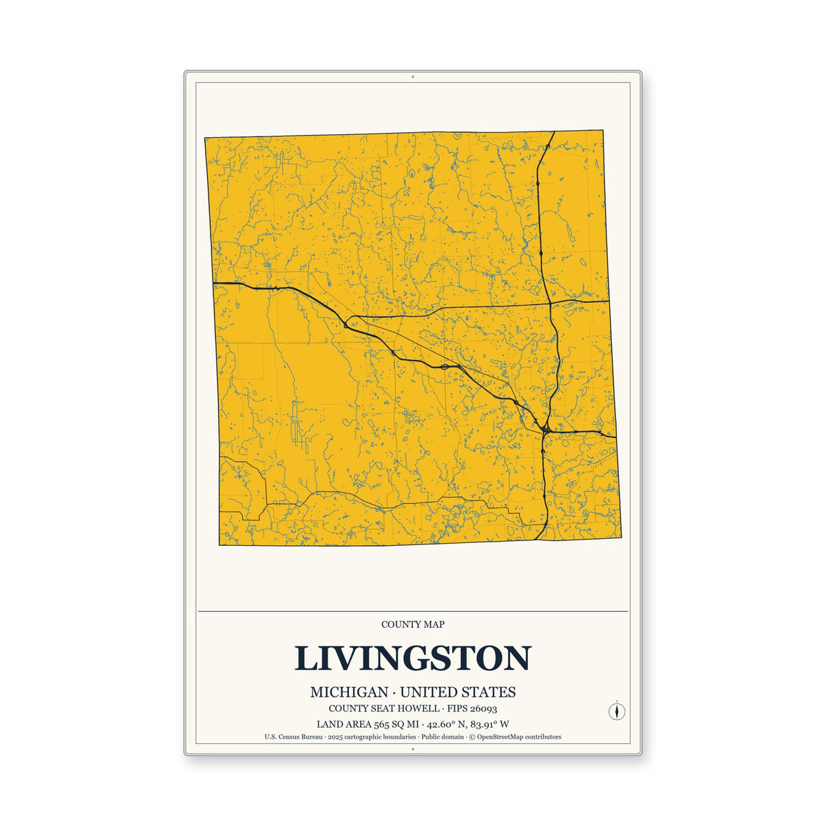 Livingston County, Michigan Map Aluminum Sign in Citrine Modern style