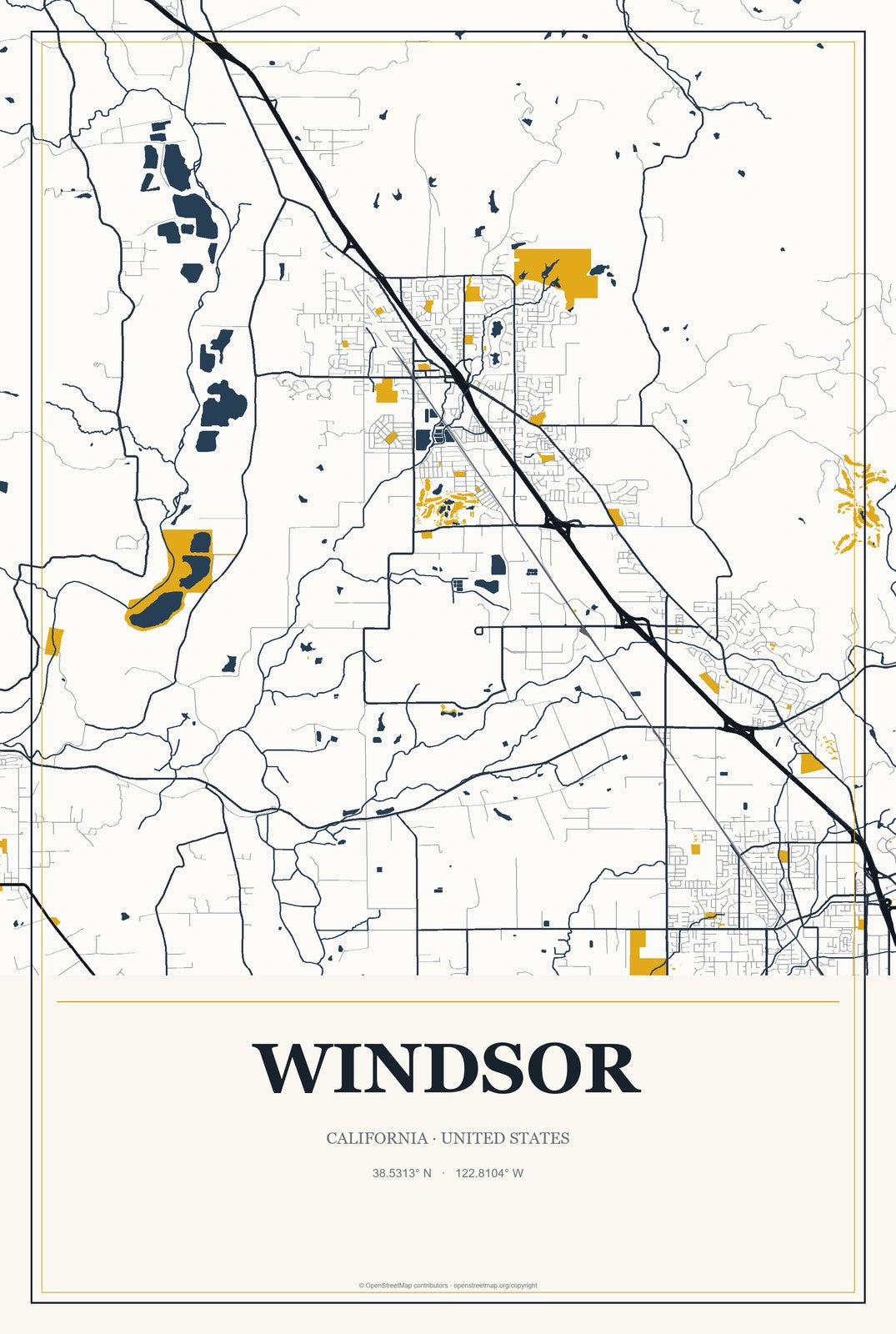 Windsor, California City Map Aluminum Sign in Citrine Modern style