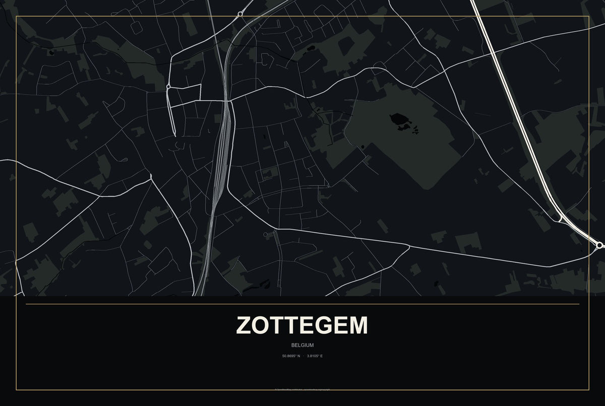 Zottegem, Belgium City Map Aluminum Sign in Metropolitan Noir style