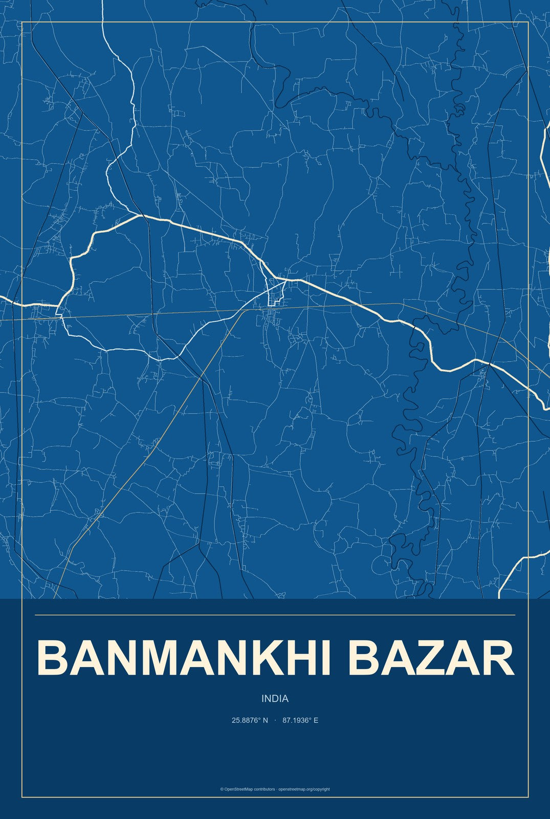 Banmankhi Bazar, India City Map Aluminum Sign in Harbor Cobalt style