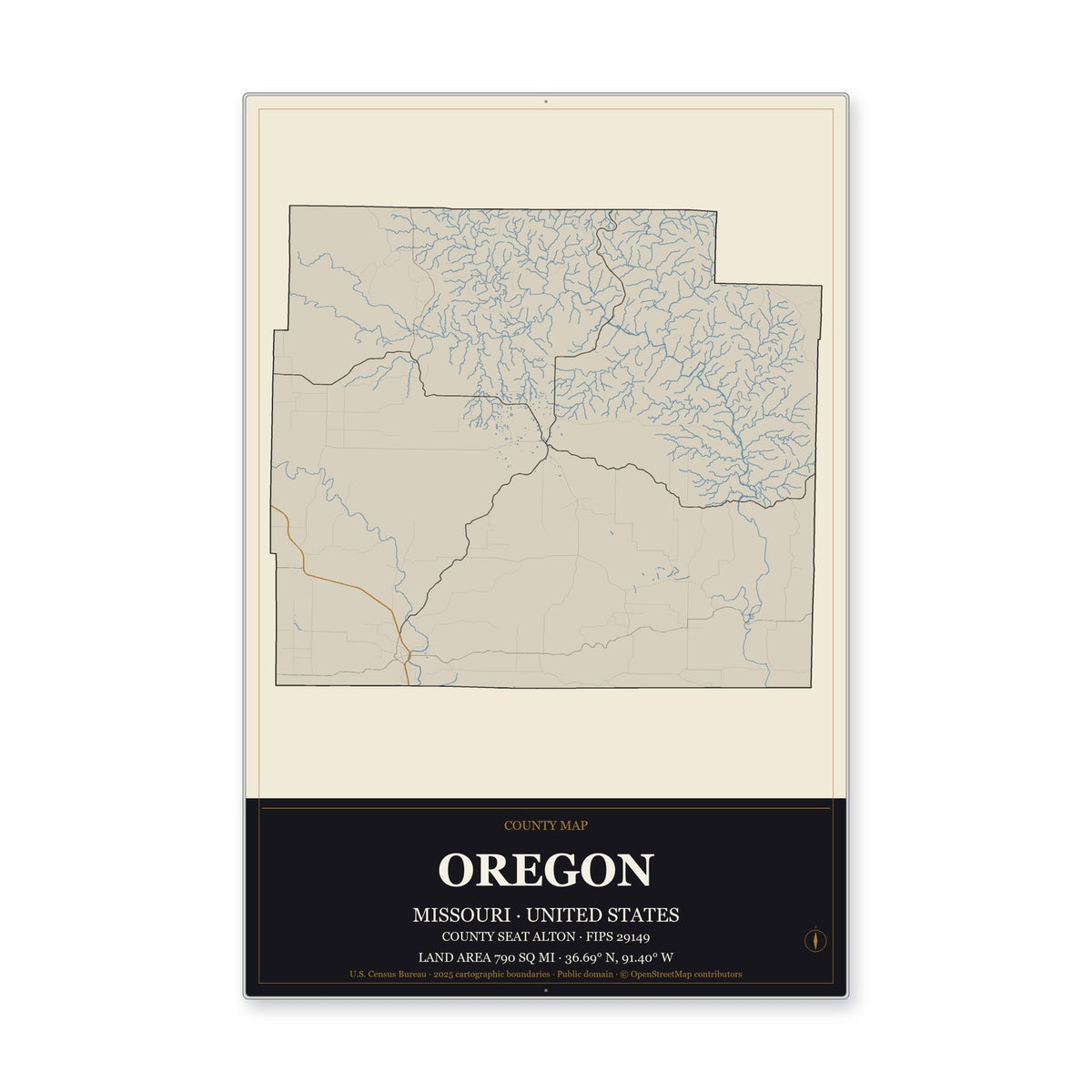 Oregon County, Missouri Map Aluminum Sign in Museum Plaque style